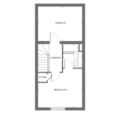 <p><strong>Second Floor</strong></p><p><strong>Bedroom</strong> <strong>1</strong> 4180mm (min) x 3710mm 13'9” (min) x 12'2” <br><strong>En-Suite</strong> 1800mm x 2220mm 5'11” x 7'3” <br><strong>Terrace</strong> 4280mm (min) x 3180mm 14'0” (min) x 10'5”</p>