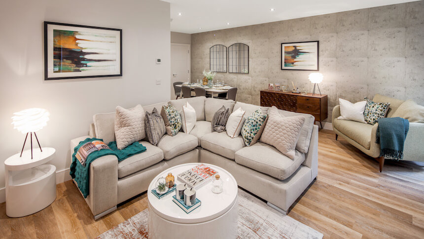 The living room at The Quarry show home